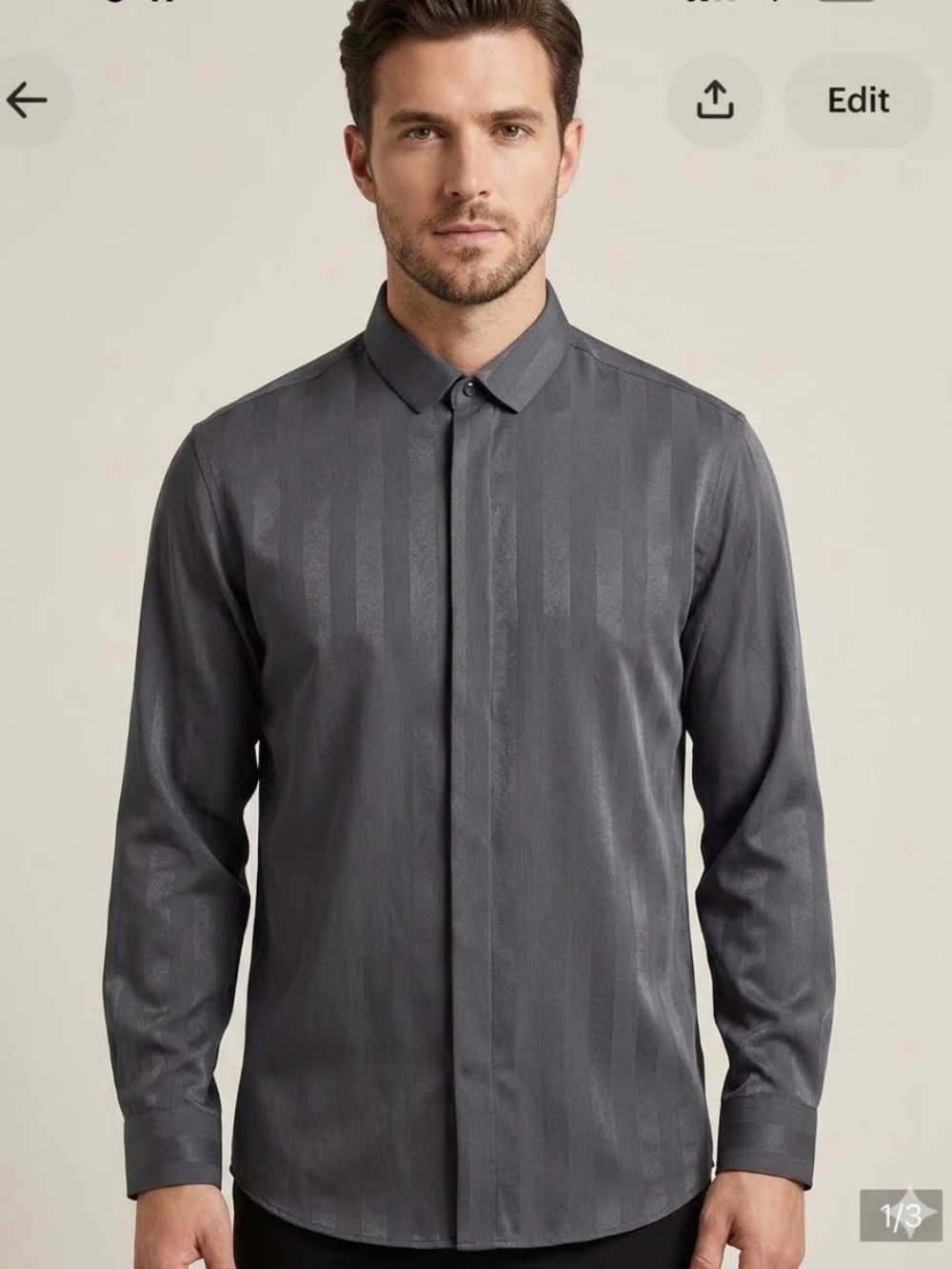Men's Gray Lightweight Stripe-Texture Shirt 15.5x34.5 hidden buttons party 1355
